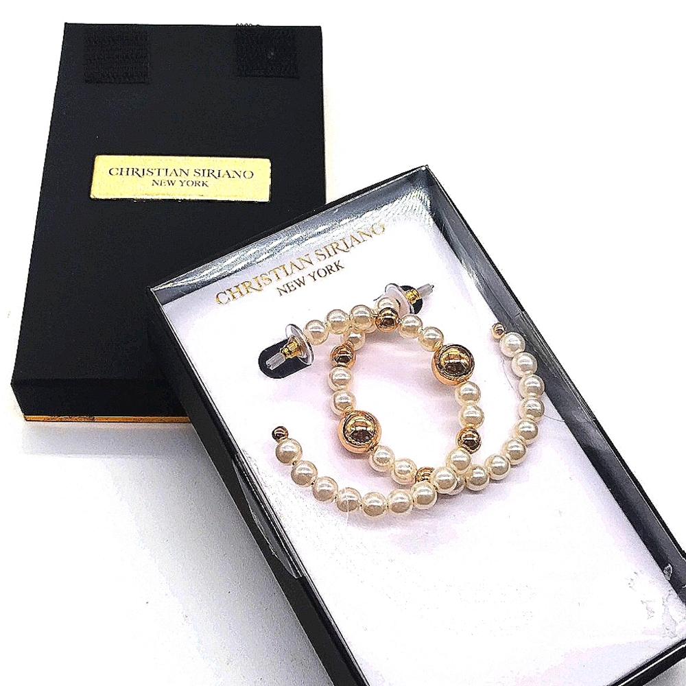 $59 Christian Siriano Boxed Glass Pearl 2" Hoop Earrings in Gold tone - Picture 2 of 3